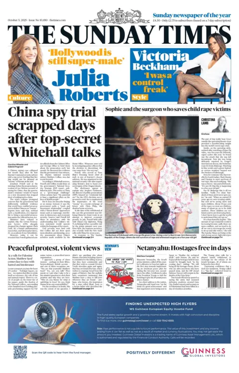 "China spy trial scrapped days after top-secret Whitehall talks" reads the headline on the front page of The Sunday Times.