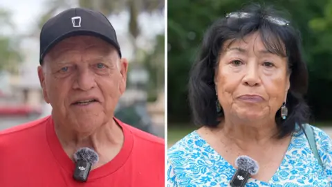 A splitscreen shows a man on the left wearing a black cap and a red shirt looking at the camera, and a woman on the right with dark brown hair and a blue patterned shirt also looking at the camera