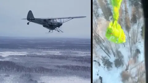 A plane flies over snowy Alaska in the picture on the left, while on the right a parcel can be seen falling from a plane