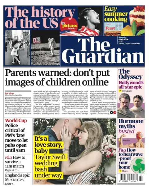 The headline on the front page of the Guardian reads: “Parents warned: don't put images of children online”.