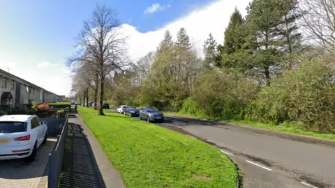 A street with houses and parked cars on one side, and trees ad grass on the other side