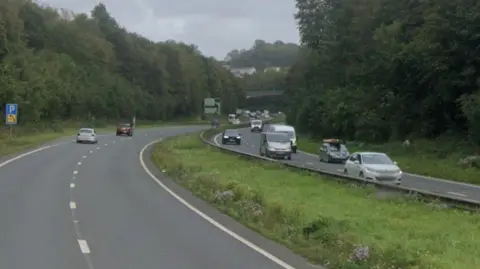 A portion of the A38 dual carriageway. There is a section of grass and fencing running along the middle to separate traffic.