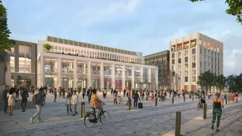 Derby City Council A mock-up of the proposed redevelopment showing a refreshed market place and new buildings in the background.