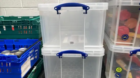 BBC/Jessica Lane two empty boxes at Lincoln Foodbank