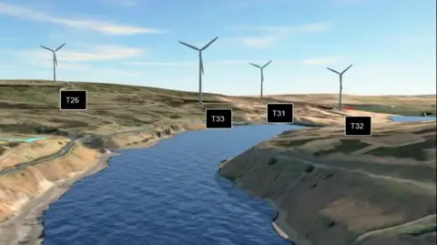 Calderdale Energy Park 4 turbines shown in a computer generated image standing next to a reservoir on Walshaw Moor in West Yorkshire.