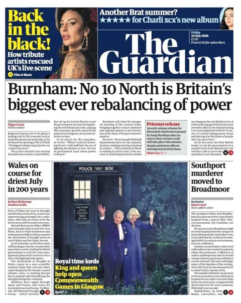 The headline on the front page of the Guardian reads: “Burnham: No 10 North is Britain's biggest ever rebalancing of power”.