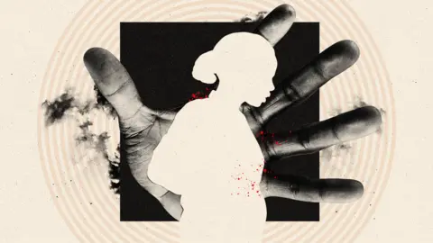 A treated image of a white silhouette of a woman in front of a large open hand. Behind them is a black square, a hint of smoke and beige concentric circles.