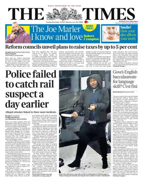 "Police failed to catch rail suspect a day earlier, alleged attacker linked to three more incidents," reads the headline on the front page of the Times
