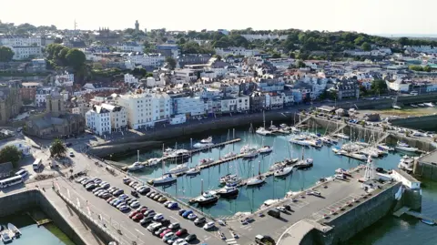 An aerial image of St Peter Port seafront