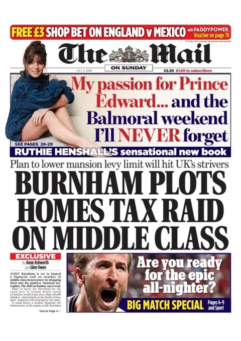 The headline on the front page of the Mail on Sunday reads: “Burnham plots homes tax raid on middle class”.