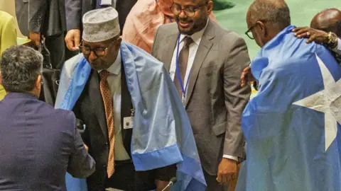 Representatives of Somalia react after being elected as a new non-permanent member for the United Nations' Security Council after a vote by the General Assembly at the UN Headquarters in New York, New York, US - 6 June 2024