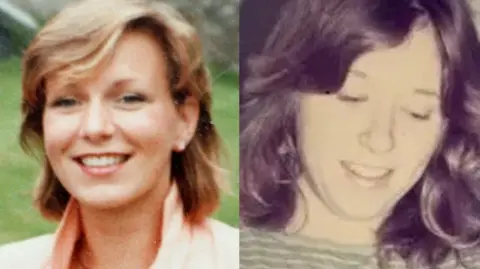 Suzy Lamplugh (L) is pictured smiling at the camera. She has shoulder-length blonde hair and is wearing what appears to be a peach-coloured jacket. Shirley Banks (R) pictured in a family photo. She has shoulder-length wavy hair and is looking down and smiling. 