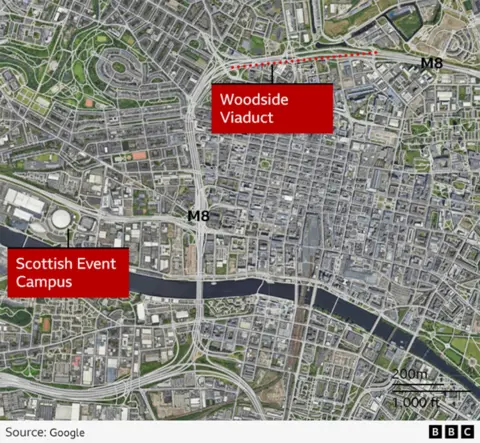 A satellite view map of the M8 motorway running through Glasgow with the Woodside viaduct and the SEC Campus marked on the map. 