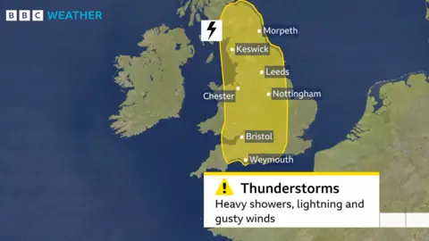 BBC Weather bbc weather graphic showing a map of the United Kingdom with an area shaded yellow of a weather warning. The area covers central southern England, up through the Midlands, east Wales and northern England. Warning of heavy showers, lightning and gusty winds.