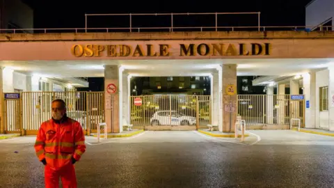 Getty Images A still image of Naples's Monaldi Hospital at night.
