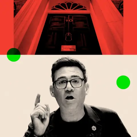 BBC A dual image of Andy Burnham below and of Number 10 door at the top
