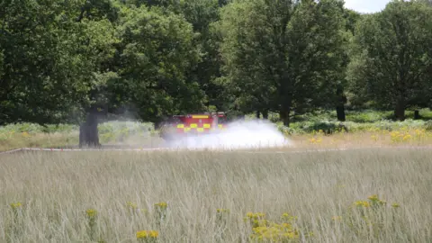 London Fire Brigade Water sprays horizontally from a red fire truck into a field of long grass with tree behind it