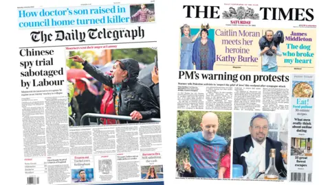 A composite image of The Daily Telegraph and The Times. The caption of a photo on the former reads "Mourners vent their anger at Lammy" and the headline of the latter reads "PM's warning on protests".