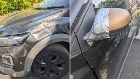 Zoe Farmer Two images side by side. One image shows a black car with dents and scuffs near the front left tyre. The second shows gaffer tape wrapped around the wing mirror.