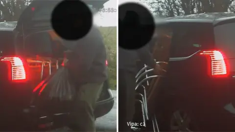 Wiltshire Council A composite image showing two side-by-side images of the perpetrator dragging bags of rubbish and a stack of chairs out of his black car beside a countryside road. His face has been concealed with a black circle and the time of day is captured on the CCTV timestamp - showing 16:43.