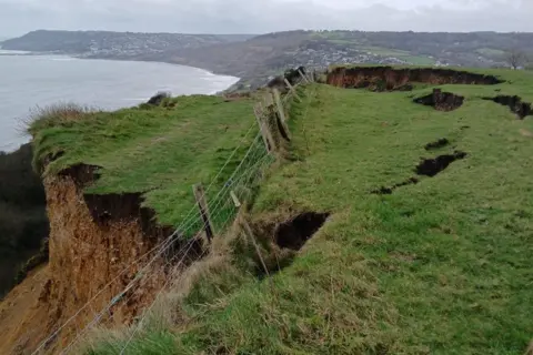 Dorset Council A huge crack in the earth and grass at the top of a cliff