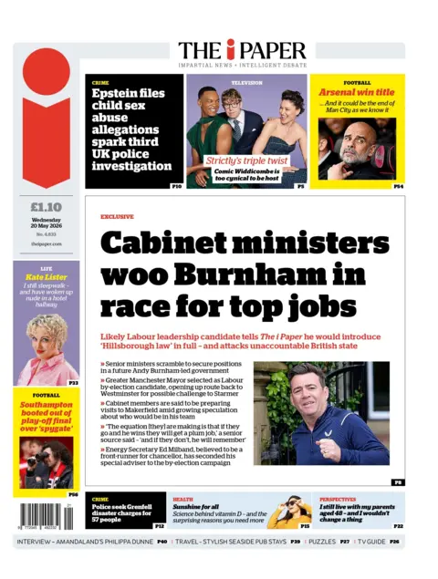 "Cabinet ministers woo Burnham in race for top jobs," reads the headline on the front page of the i Paper.