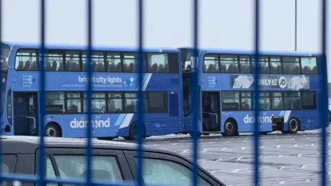 Two light blue and dark blue buses each with the words 'Diamond' in large white text along their side are parked in a depot, on the other side of a blue metal fence.