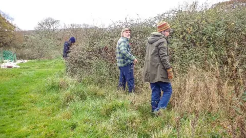 Paul Taylor Three volunteers looking in hedgerows for butterfly eggs. They are all wearing hats, with the person nearest the camera wearing an orange striped hat and gloves, khaki coat, and blue jeans. 