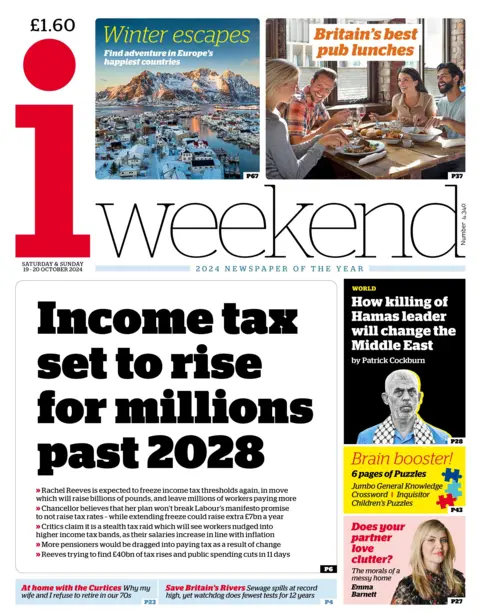 The headline on the front page of the i reads: “Income tax set to rise for millions past 2028