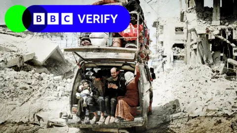 Two men, a woman and a child are sitting in the back of a white camper van. On top of the van are possessions such as clothes and sleeping bags, piled very high. The van is parked in front of a large pile of grey rubble and several buildings that have been damaged by strikes. Some have been completely destroyed. The BBC Verify logo is in the top left corner. 