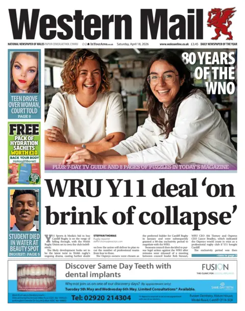 Western Mail Front page of Western Mail shows two main headlines. The first one is "80 years of the WNO" next to an image of two women sat next to each other smiling whilst looking at the camera. They both wear white blouses. The second main headline is "WRU Y11 deal 'on brink of collapse'". Other headlines read: "Teen drove over woman, court told", "Student died in water at beauty spot".