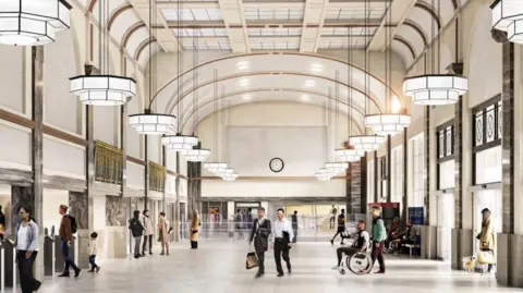 Transport for Wales An artist's impression of Cardiff Central's main entrance and booking hall. The large space has a number of doors on the right-hand side and the ticket barriers on the left, with departure boards on the wall above them. The white ceiling has curved arches in the background, and large art deco style hanging lamps lining the room in two rows on the left and right hand side. Commuters can be seen dotted around the space. 