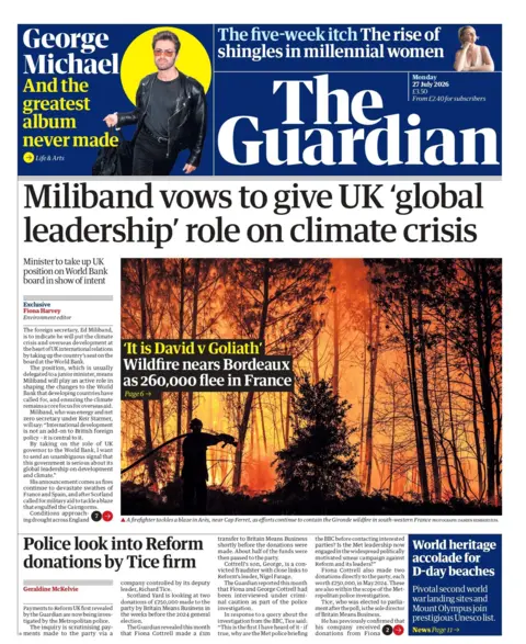"Miliband vows to give UK 'global leadership' role on climate crisis," reads the headline on the front page of the Guardian.