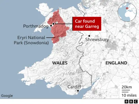 Map showing the determination  of wherever  the car   was found, with Porthmadog, Shrewsbury pinpointed, on  with the nationalist  parkland  country  marked successful  red