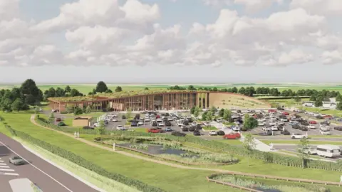 An artist's impression of the service station, with a large car park and a glass fronted, grass-covered building