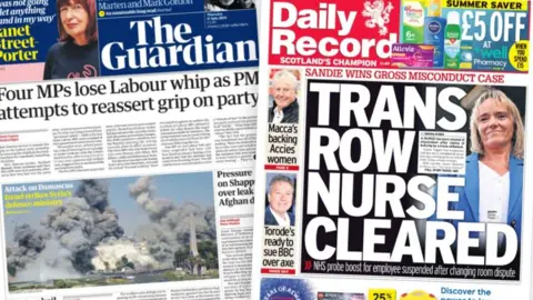 A composite image of The Guardian and Daily Record front pages 