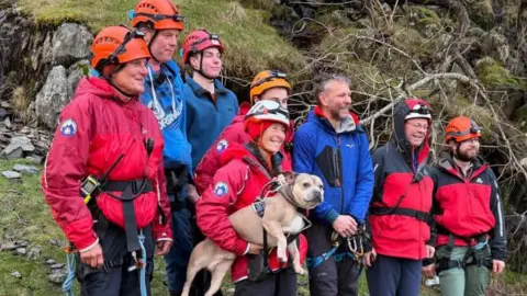 CMRT A group of seven mountain rescue volunteers wearing a mixture of red and blue smiling to the right of the camera. A woman at the front of the group is holding the brown, staffie-looking dog under her arm looking quite content. They are in front of a rocky structure which is covered in grass. The are also branches with no leaves behind them.