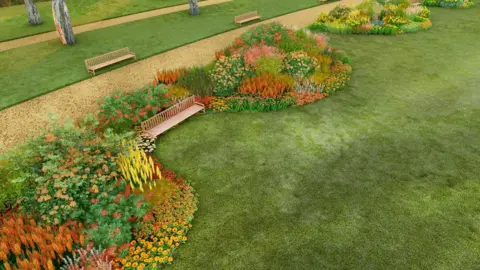 A computer-generated image of the Great Fountain Garden at Hampton Court Palace redesign features a range of colourful clusters of plants, with benches for visitors.