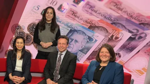 Three people, two women and a man, are sitting on a red sofa. A woman stands behind them. There is a large screen in the background is an image on a large screen of a pile of bank notes
