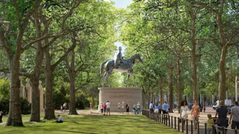 PA Media A mock-up of St James's Park with a large statue of Queen Elizabeth II on horseback high above ground. The statue sits on a plinth in between two rows of tall trees. People are milling about around it and on the pavement off to the right. It is daytime.