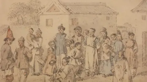 Maidstone Museum A watercolour by William Alexander painted in 1793 shows a group of Chinese people, all of different ages, and one is wearing a red hat. There is a building in the background.