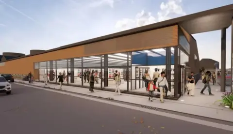 LOVELL OZANNE AND PARTNERS LTD An architecture, computer generated picture of what Home Bargains could look like in Guernsey 