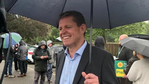 Rhun ap Iorwerth holding an umbrella