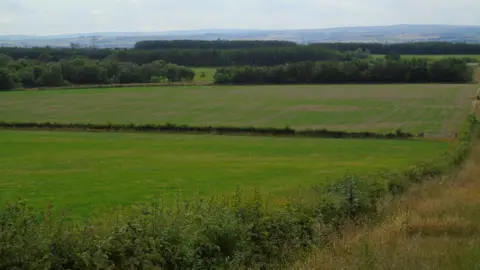 Ian Wilkinson A large green field with hills in the distance.