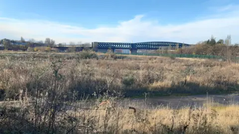 A river next to the development site. There is grassland on either side of the river. The Queen Alexandra Bridge can be seen in the background.