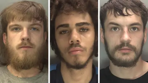 West Midlands Police A composite image of three men's mugshots. The man on the left has long brown hair and a beard, the man in the middle has long dark curly hair and a beard, the man on the right has short brown hair and a beard.