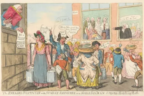 Getty Images A 18th Century cartoon with caricatures of clergy and politicians arguing about Sunday worship over the heads of working people in the street