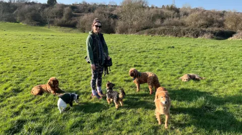 A wide shot of Sophie and six dogs in the park.