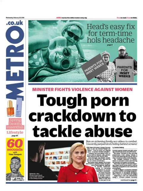 The headline on the front page of the Metro reads: "Tough porn crackdown to tackle abuse".