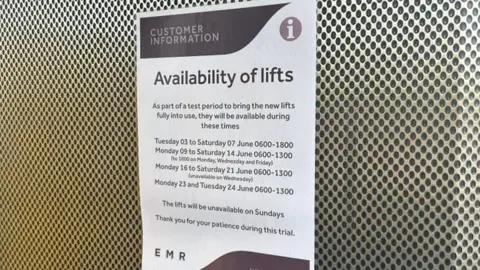 Loghan Smedley A poster that details the date and times the new lifts will be running in June.
It states:
TUESDAY 03 TO SATURDAY 07 JUNE 0600-1800
MONDAY 09 TO SATURDAY 14 JUNE 0600-1300 (1800 TO MONDAY, WEDNESDAY AND FRIDAY)
MONDAY 16 TO SATURDAY 21 JUNE 0600-1300
(UNAVAILABLE ON WEDNESDAY)
MONDAY 23 AND TUESDAY 24 JUNE 0600-1300
THE LIFTS WILL BE UNAVAILABLE ON SUNDAYS